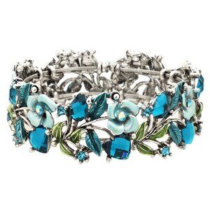 Flower Cuff Bangle/Crystal Beads & Stones/Aqua Turquoise  Color/Wedding Jewelry